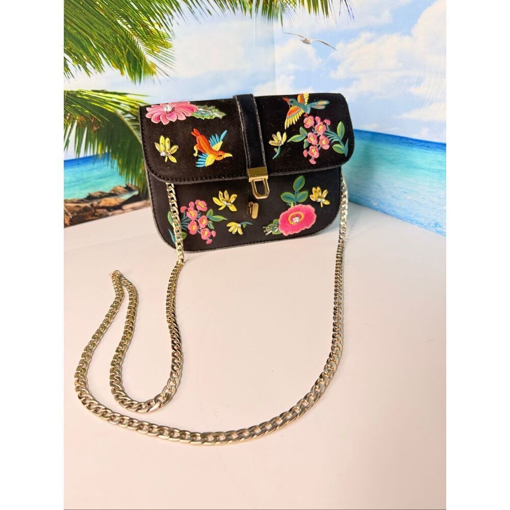 Floral Embroidered Crossbody / Clutch Bag Black Faux Leather with Chain